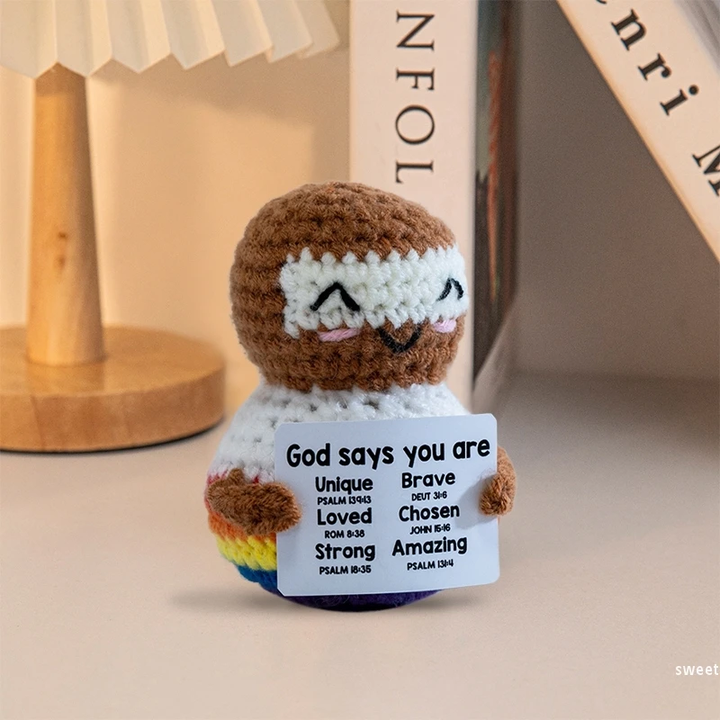 مضحك الكروشيه الحيوان مع بطاقة إيجابية زخرفة اليدوية محبوك البط الثعلب الأغنام السلاحف مكتب تمثال الإبداعية الكروشيه هدية