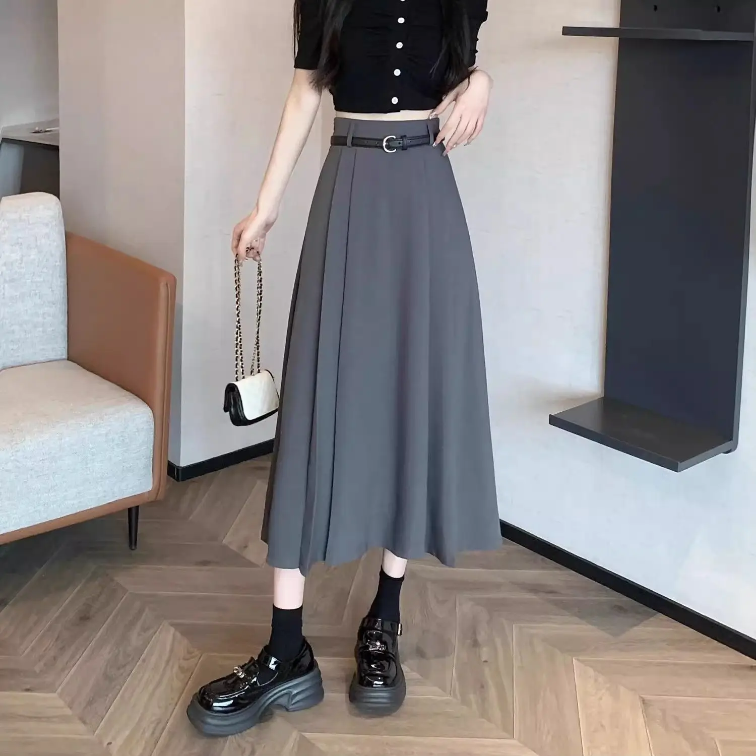 Sending Waist Belt Gray Pleated Skirt Spring and Summer New High Waisted Half Skirt for Women Slimming Down Commuting A-line