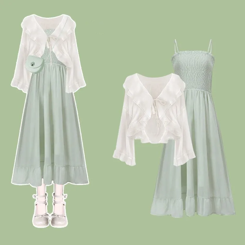 2026 Dames Lente/Zomer Nieuwe Mode In Jurk Bijpassende Set Koreaanse Elegante Zonnebrandcrème Shirt + Sexy Sling Rok tweedelig Pak