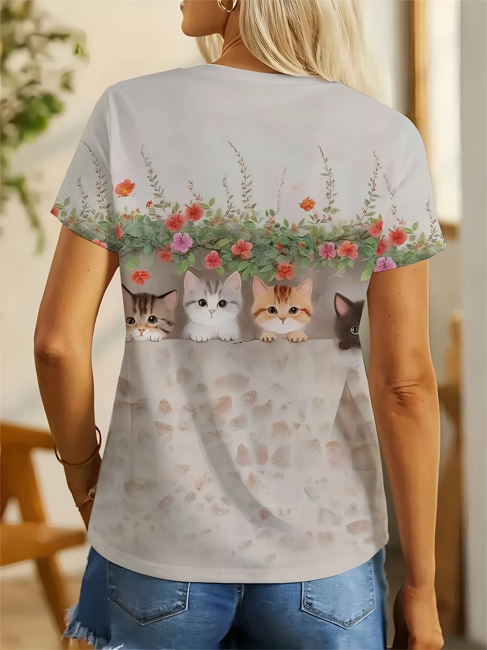 Women T‑Shirt Cute Kitten Cat Floral Stone Wall Print Fashionable Crew Neck Short Sleeve Street Daily Casual Top Women's Clothes