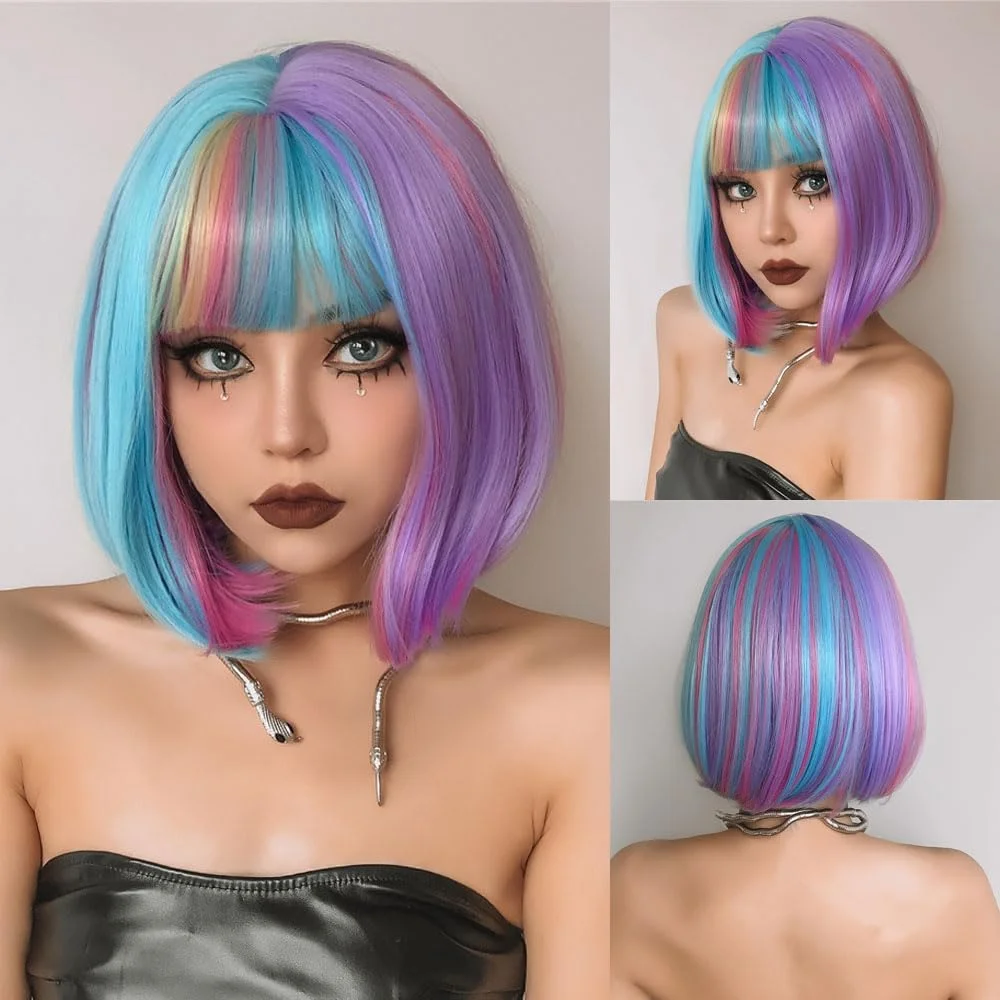 Rainbow Wigs for Women Short Straight Wig with Bangs Bob Colorful Wig Shoulder Length Multicolor Wig Synthetic Cosplay Party Wig