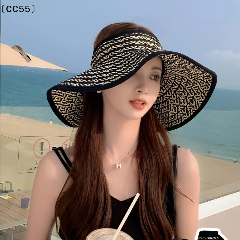 Big Brim Visor Cap Women's Outdoor Collapsible Straw Hat Summer Empty Top Hats Sun Protection Beach Hats〔CC55〕