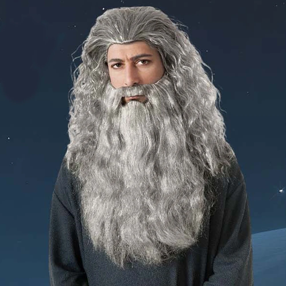 Pelucas y barba de cosplay grises para hombre de anime, cosplay de pelo sintético gris HallAnime Pelucas de cosplay grises para hombre y Beardoween, peluca de Navidad