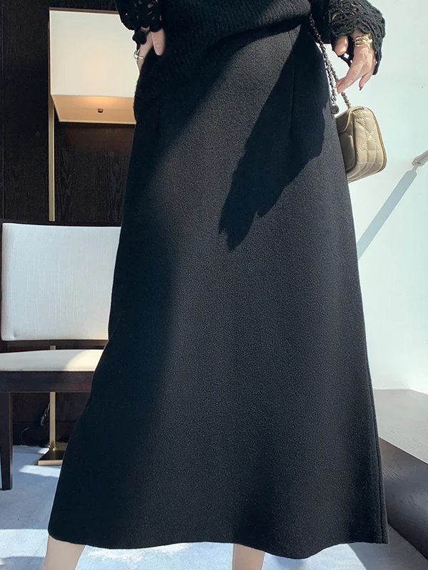 High Waist Knitted Woolen  Skirt with Slit for Women A-Line Step-In Design Autumn Winter Thickened Elastic Waist Skirt