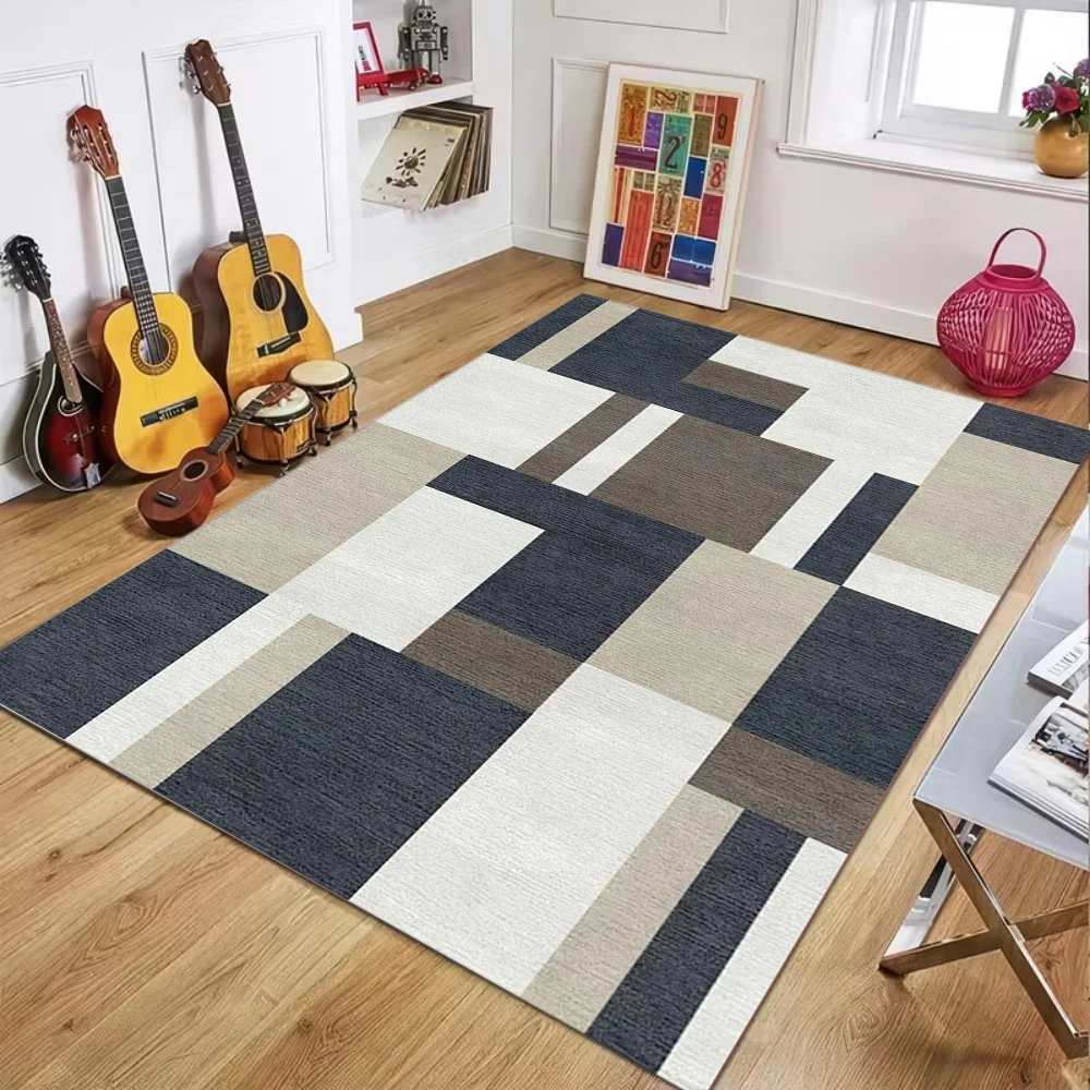Modern Neutral Patchwork Square Stripe Area Rug - Minimalist Soft Non-Slip Floor Mat for Living Rooms Bedrooms & Home Spaces