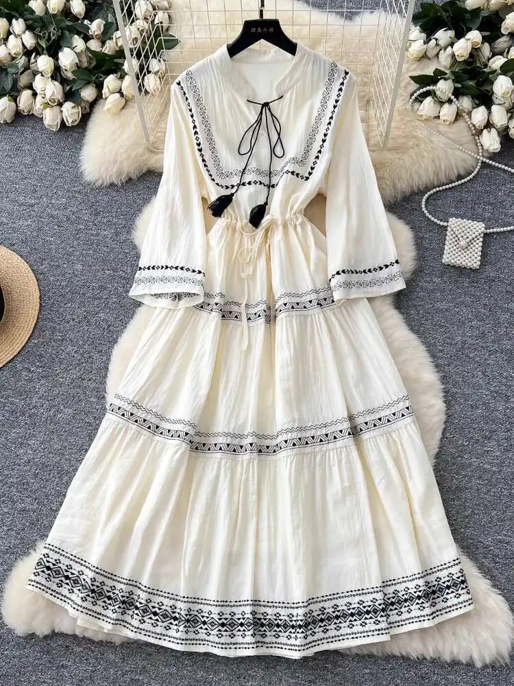 

Women French Retro Long Dress Spring Autumn Lace Up Flared Sleeve Lace Up Embroidered Elegant Long Dresses Beach Long Robe