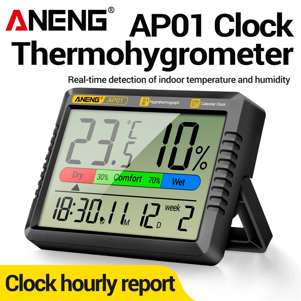 Thermomètre-hygromètre numérique ANENG AP01 avec mode alarme snooze, thermomètre d'air, humidité, multi-scénarios, testeur haute précision