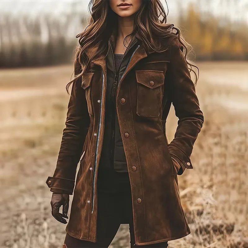 

Classic Retro Suede Long Trench Coat Women Pocket Single Breasted Long Sleeve Windbreaker Autumn Winter Lady Street Outwears