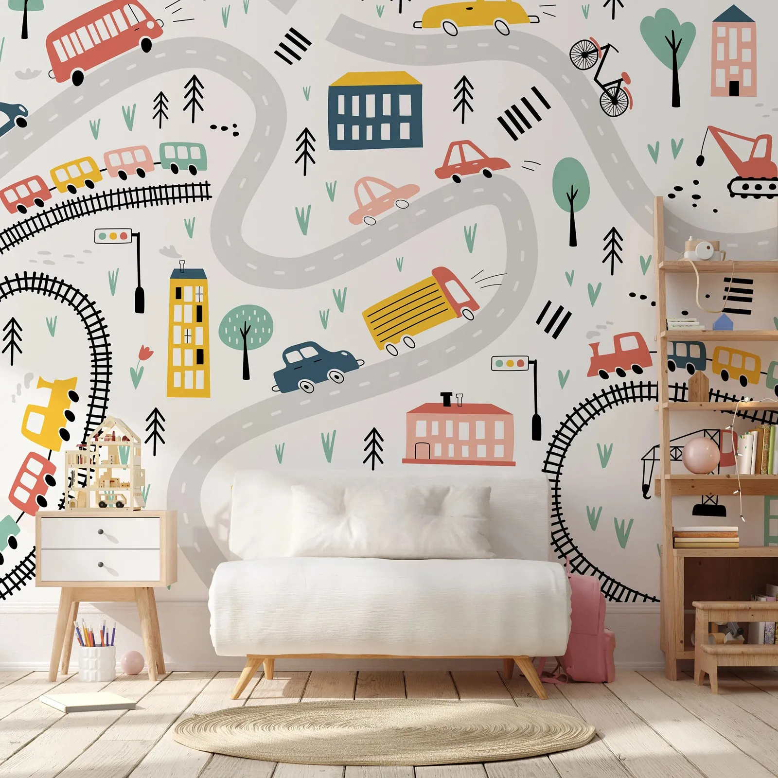 Cartoon Cars Trains and Road Wallpaper,Cute Toys Wall Mural For Children's Room Decoration,Traditional Pasted Wall Paper Roll