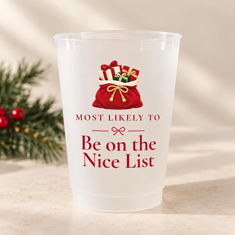 Santa Hat Frosted Cups, Custom Christmas Reusable Plastic Tumblers for Kids Holiday Party, Bridal Shower and Guest Favors.