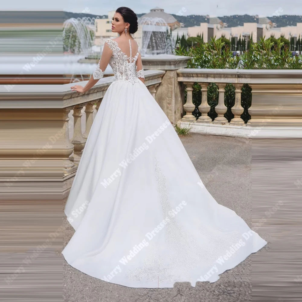 สวย V คอ A-Line ผู้หญิงชุดแต่งงานโมเดิร์นสามไตรมาสแขนชุดเจ้าสาว Mopping ความยาว Robes De Mariee ที่กําหนดเอง