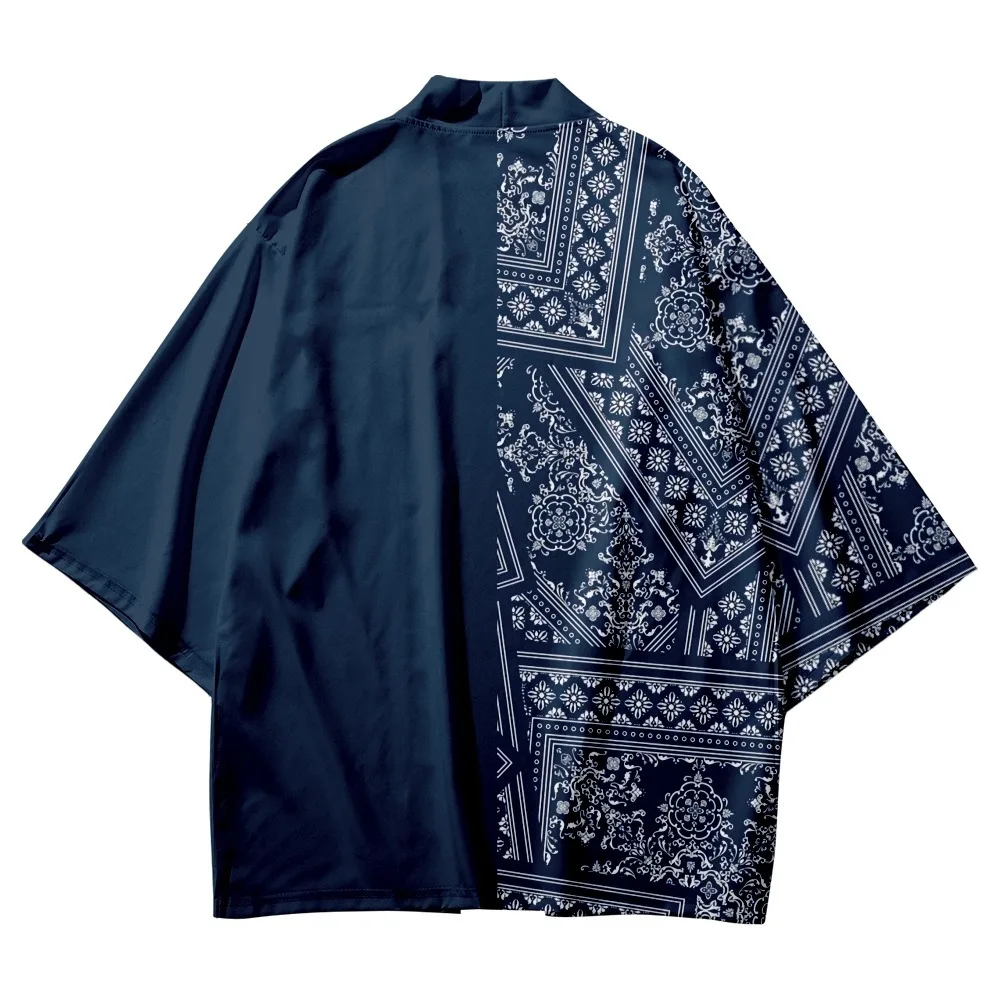 Japanese Style Traditional Kimono Men Women Yukata Cardigan Blue Cashew Flower Print Shirt Cosplay Haori Samurai Asia Clothing