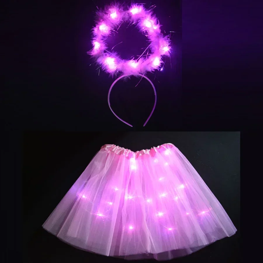 Women Fairy Girl Light Up Tutu Skirt Magic Angel Feather Wings Halo Headband Cosplay Birthday  Halloween Christmas Glow Party