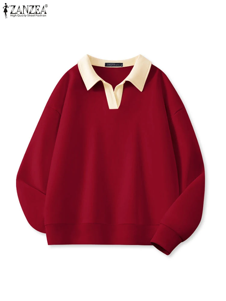 

2025 ZANZEA Elegant Casual Lapel Neck Long Sleeve Women Hoodies Tops Spring Sweatshirts Patchwork Pullovers Stylish Work Blouse