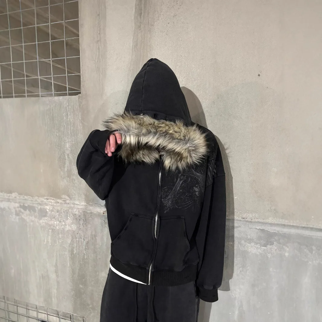 Felpa con cappuccio in peluche stile europeo e americano con cappotto retrò a maniche lunghe con motivo stampato Y2K Street Trend per uomo