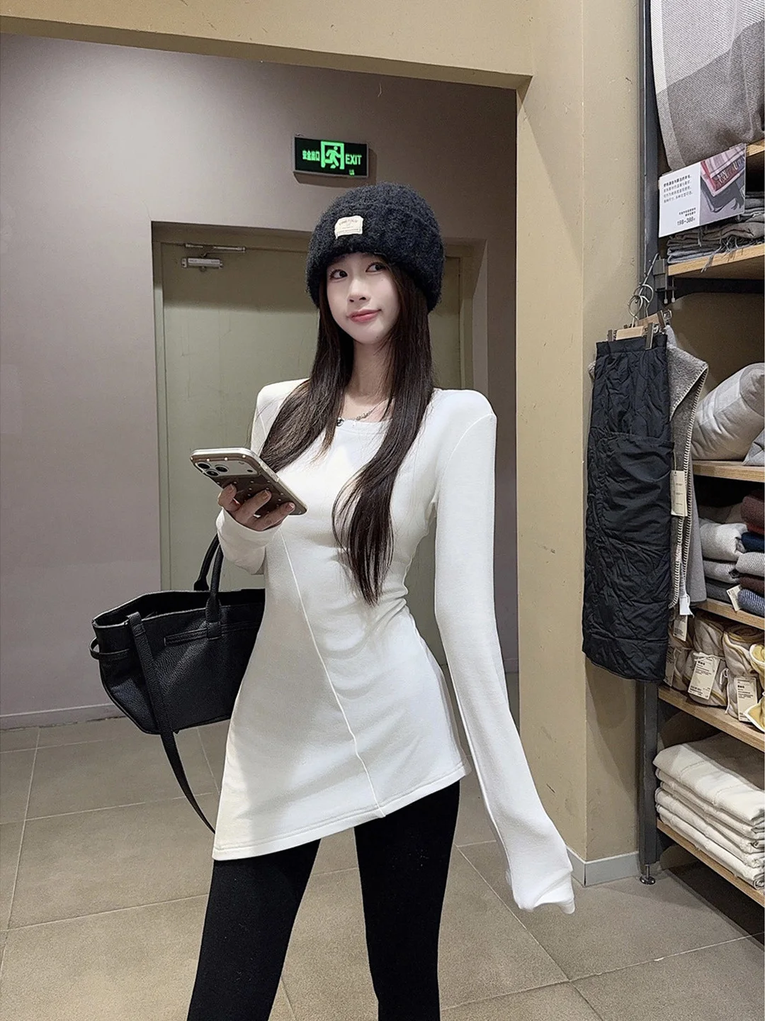 White Asymmetrical Splice Long Sleeve T-Shirt Women's Spring Autumn Winter Waist Cinching Slimming Butt Covering Inner Wear Top