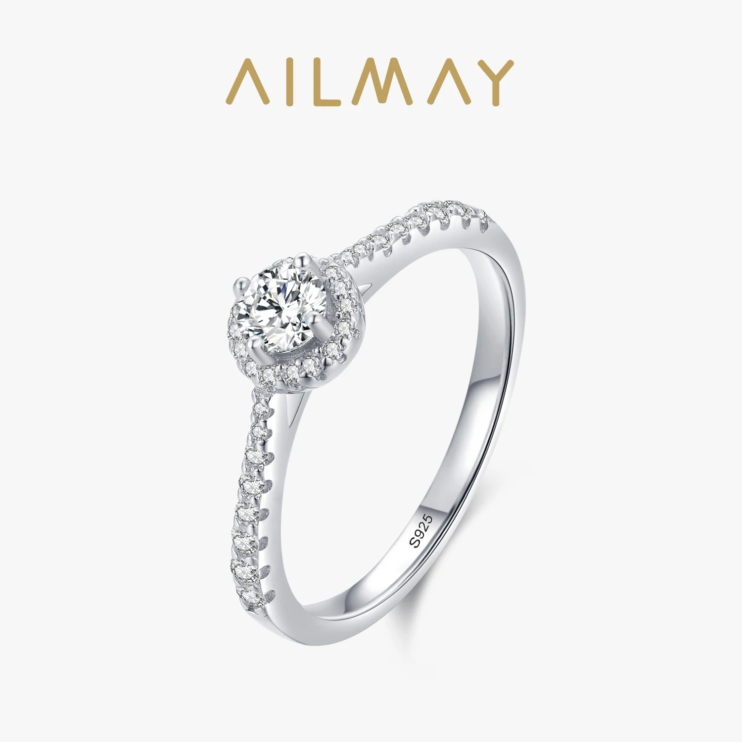 Ailmay Top Quality Real 925 Sterling Silver Elegant Round Sparkling CZ Finger Ring For Women Wedding Engagement Jewelry Gift