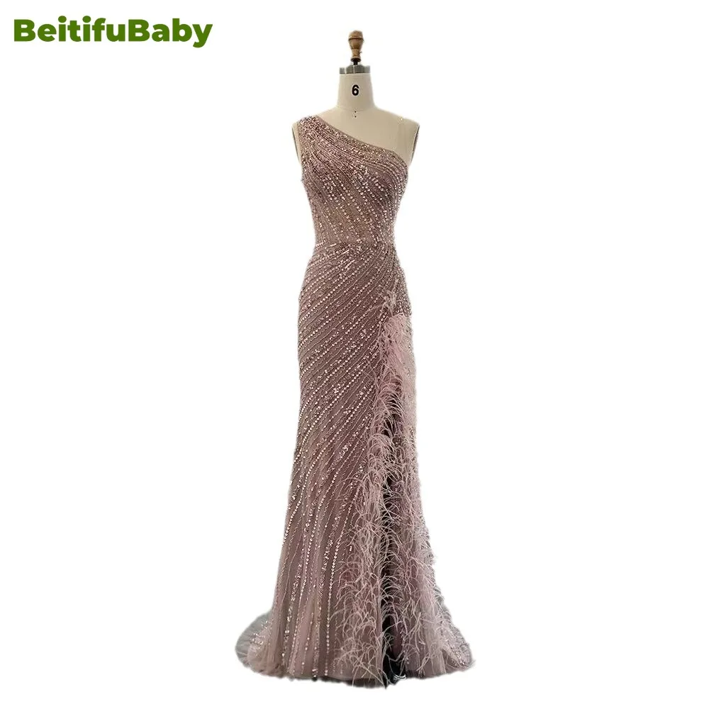 BeitifuBaby Women\'s Evening Dress Elegant Arabic One Shoulder Feather Sequins Waist Tight Slimming Dubai Party Dresses for Women