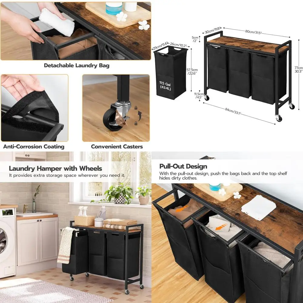 

Трехсекционная корзина для белья на колесиках со съемными мешками, объем 34,5 л, цвета: рустик-коричневый и черный