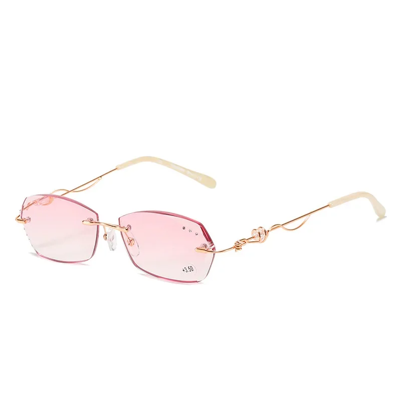 New Diamond Cutting Reading Eyeglasses Alloy Rimless Women Pink Gradient Reading Glasses Woman Rhinestone Metal Anti Blue +3.0