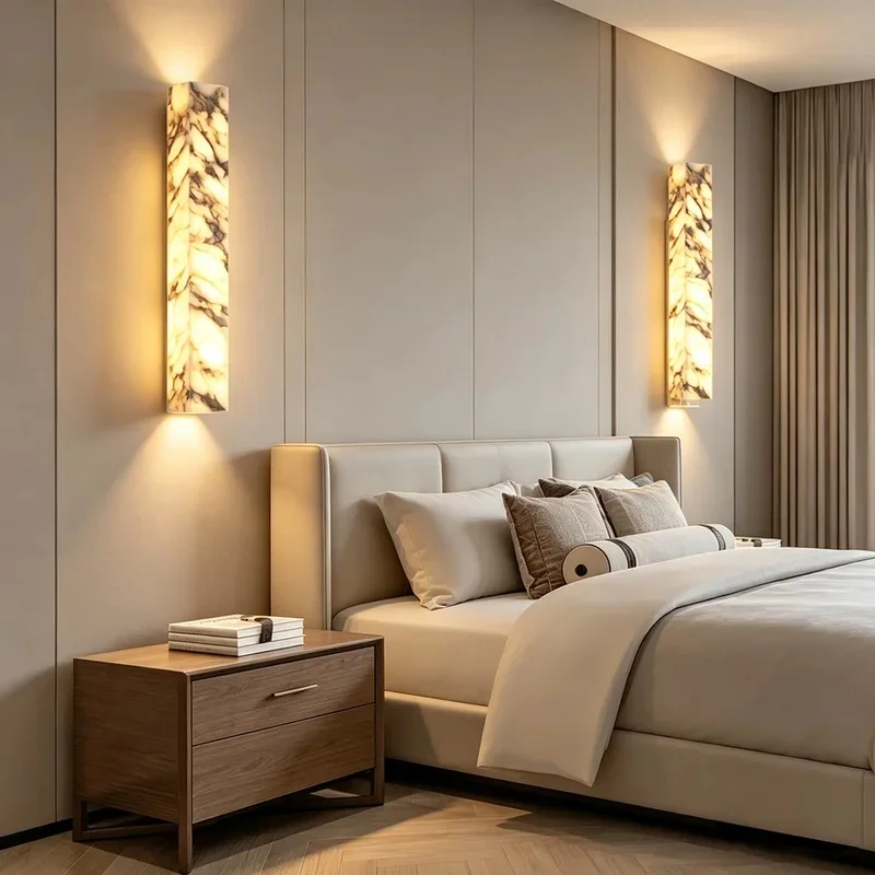Long Rectangular Natural Alabaster Wall Sconce Marble Vein LED Wall LampVilla Corridor Staircase