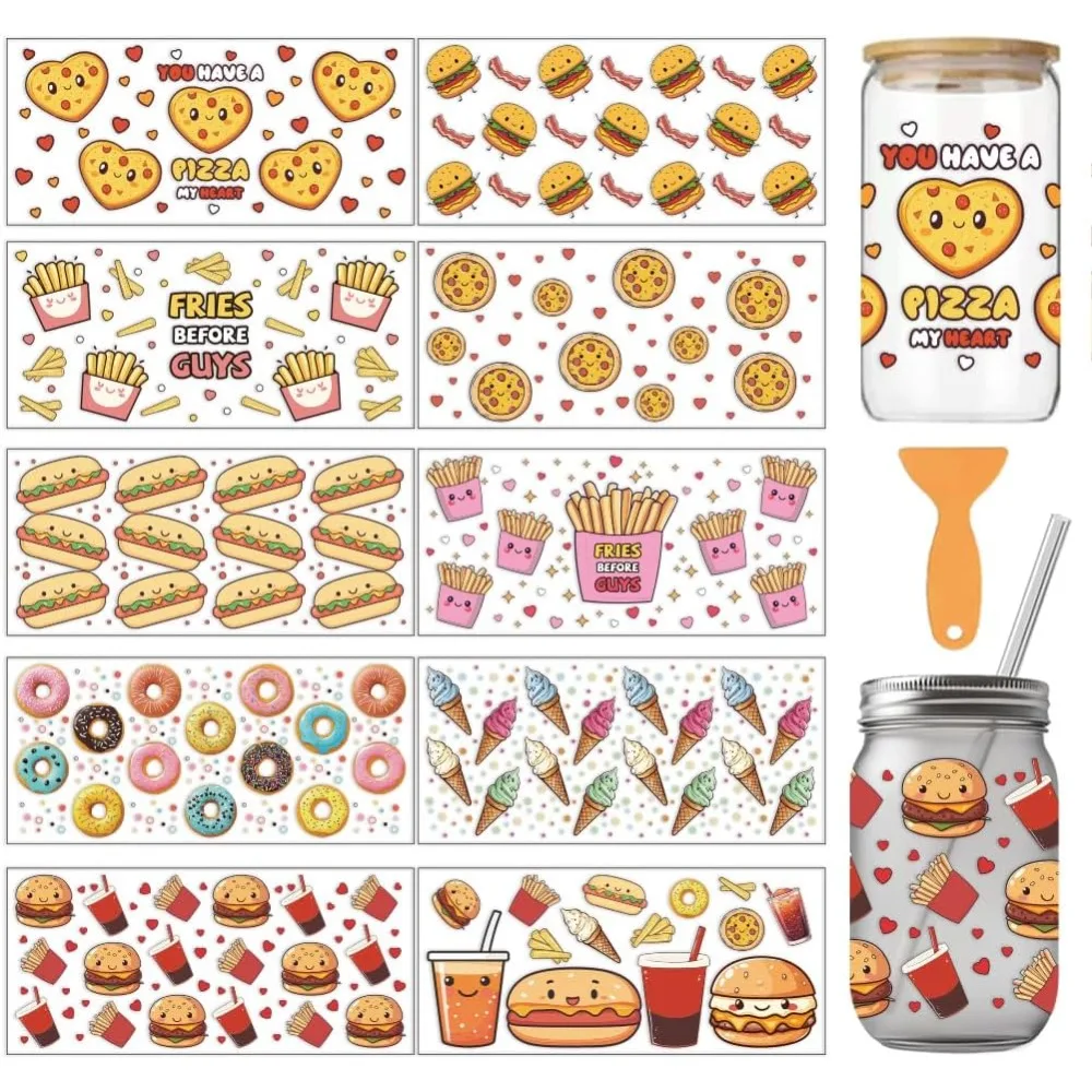 10 Uds. Taza temática de comida con impresión de papeles de transferencia UV, 10 estilos, hamburguesa, patatas fritas, tocino, Perro caliente, helado, Donuts, Pizza, PVC DIY
