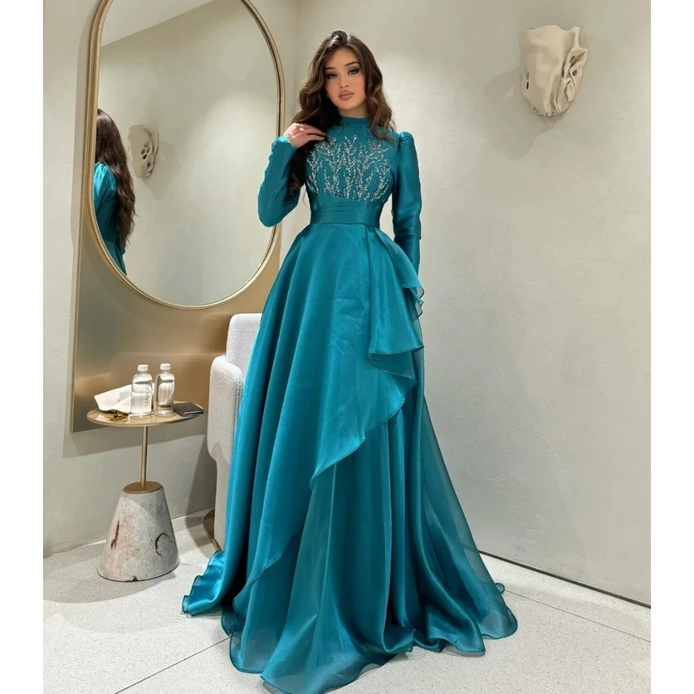 

Вечернее платье с высоким воротом, атласное платье с длинным рукавом длиной до пола, платье для выпускного вечера, модное вечернее платье трапециевидной формы с аппликацией из бисера и рюшами по индивидуальному заказу