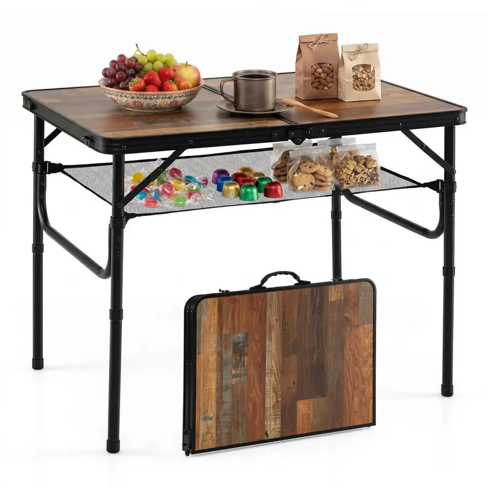 Single Folding Camping Table Camping Table Picnic Table Adjustable Height Storage Net Carry Handle For Camping Picnic Backyard Travel Black Brown