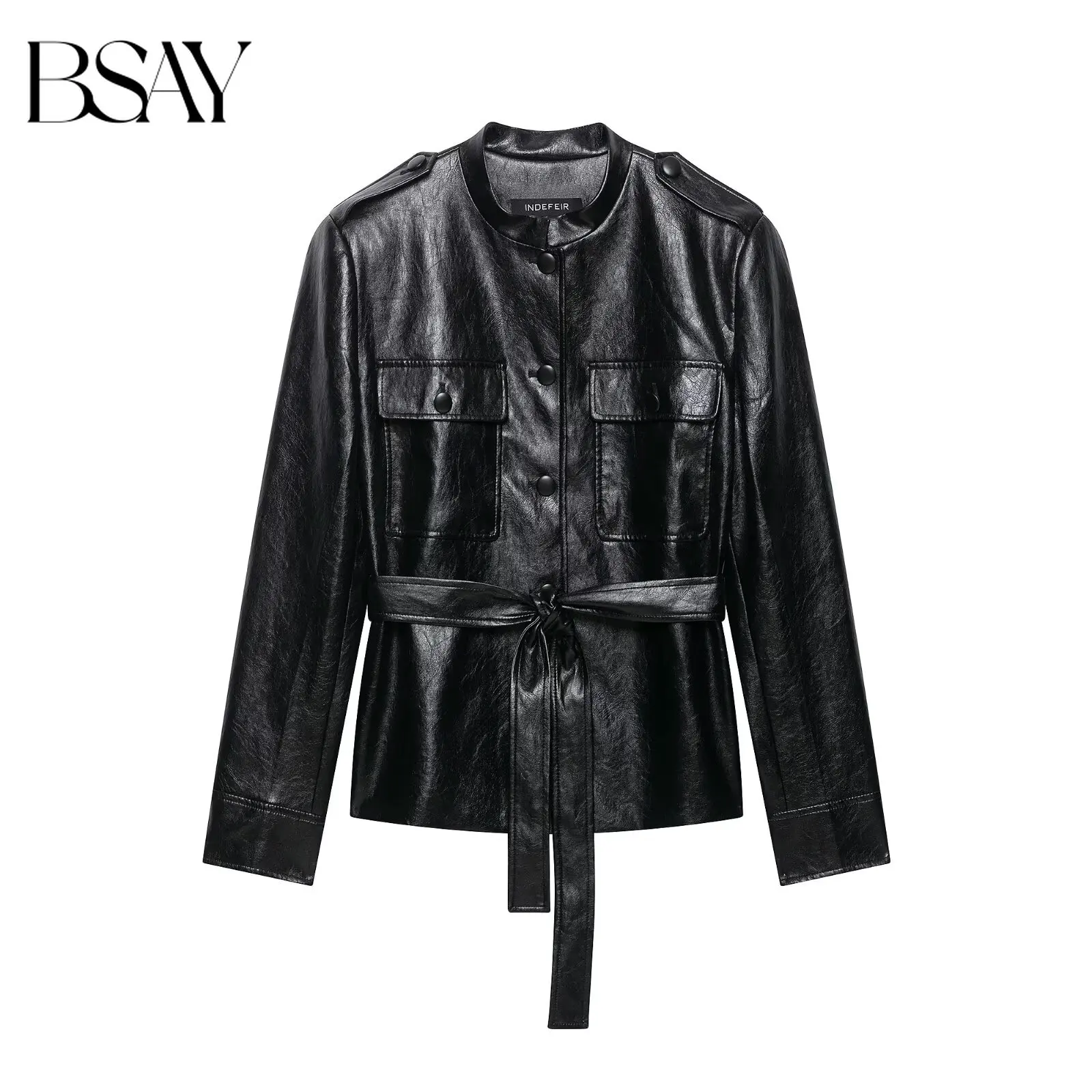 BSAY 2026 Neue Herbst-Damenjacke aus Kunstleder mit Gürtel, Rundhalsausschnitt, Schulterklappen-Dekor, Pattentaschen, Langarm, Vintage Slim Oberbekleidung