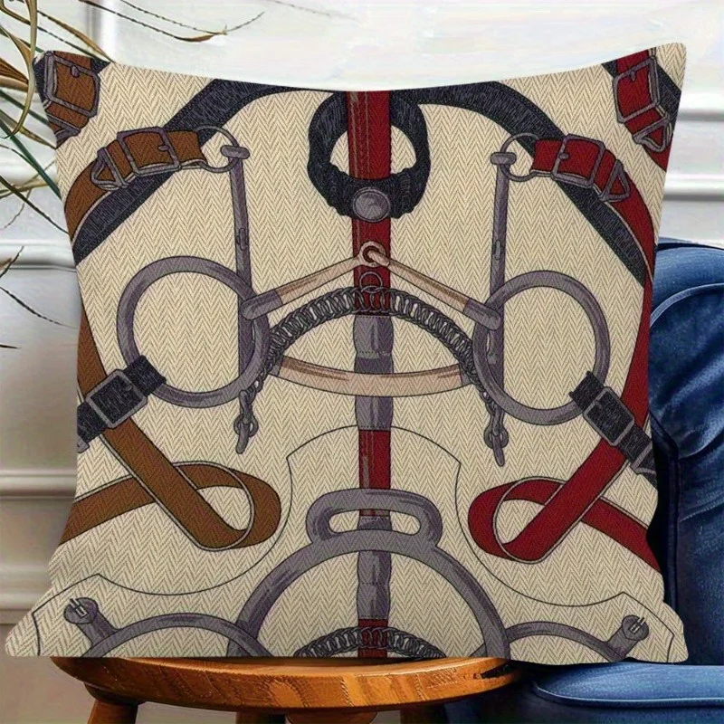 Vintage Equestrian Double-Sided Pillowcase, Horse Bit and Leather Strap Cushion Cover with Zipper, Washable Decor for Sofa
