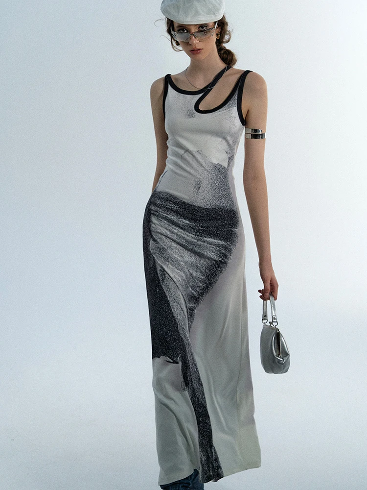 CHEERART Optische Täuschung Cut Out Langes Kleid Für Frau 2025, Sommer Ärmellose A-linie Tuniken Midi Kleid Designer High Fashion