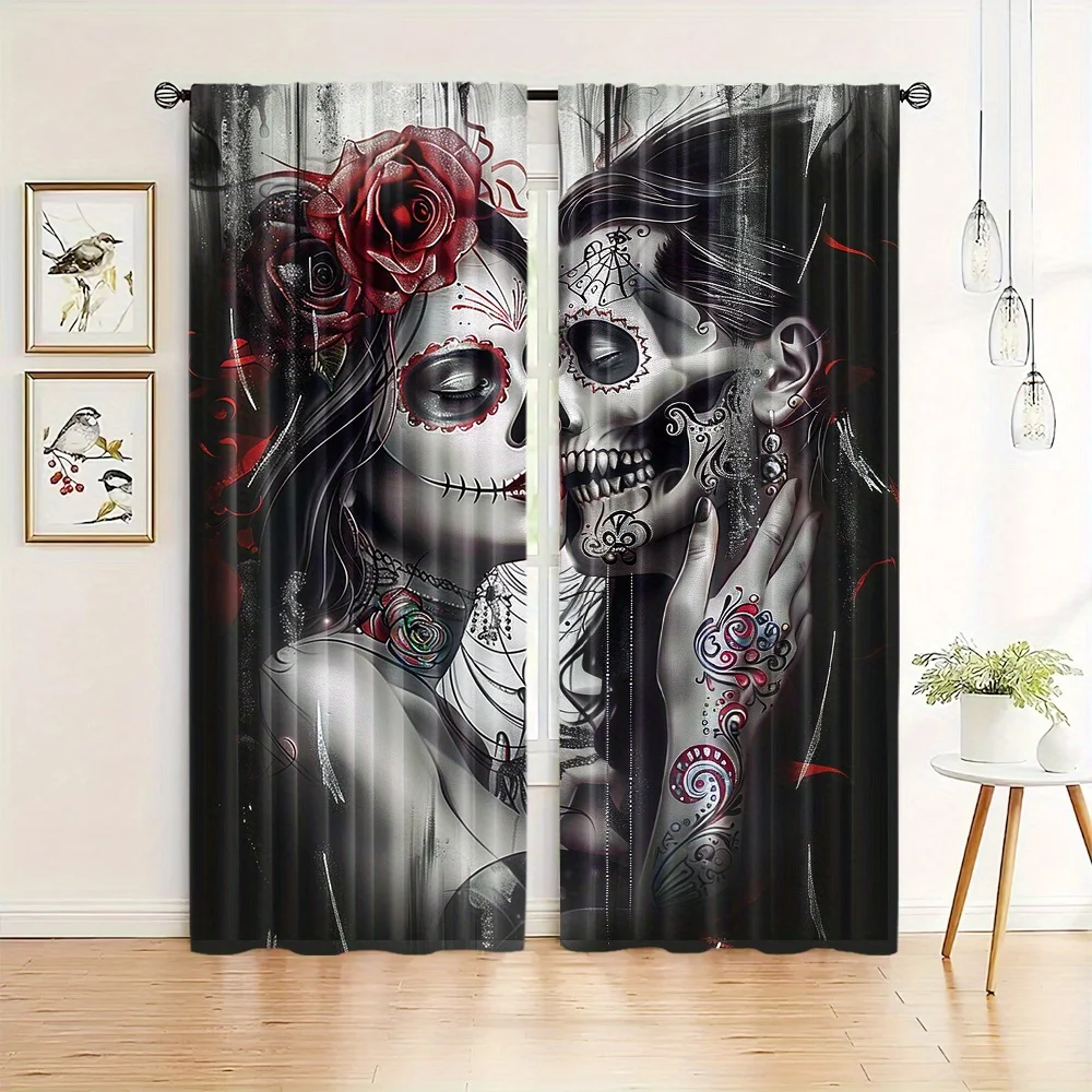 

2pcs Halloween Skeleton Couple Drapes Rose Flower Curtains Rod Pocket Breathable Fabric For Bedroom Living Room Office Decor