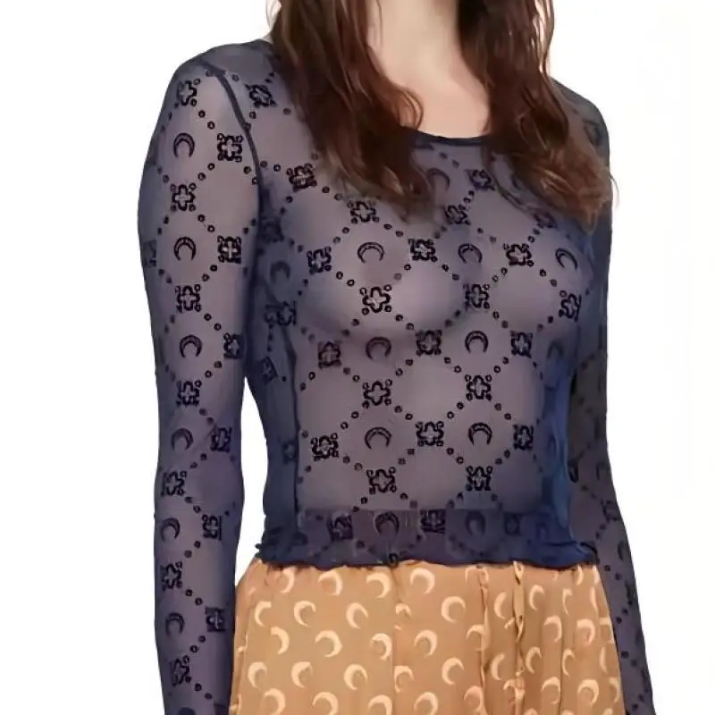 المرأة تي شيرت طويل الأكمام الجوف خارج شبكة أعلى الربيع أزياء شارع العليا حار فتاة الرجعية الكلاسيكية تصميم حافة الفطر #1