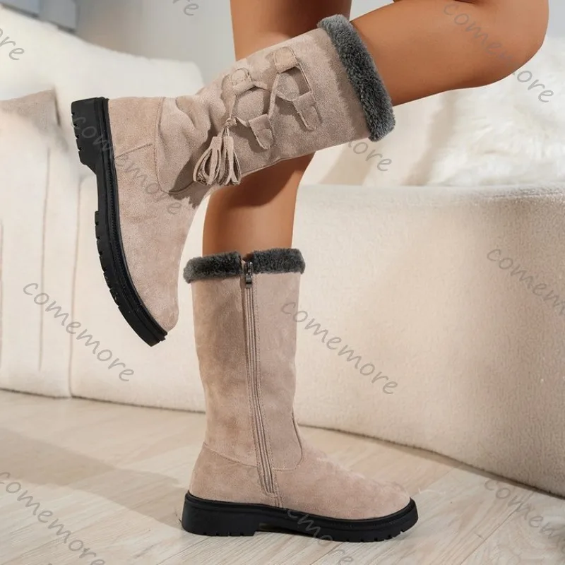 Comemore أحذية الثلوج النساء 2025 الشتاء خمر الجلد المدبوغ شرابة منتصف العجل الأحذية الدافئة طويلة أفخم المرأة الجلد المدبوغ الصلبة عالية بوتاس الأحذية