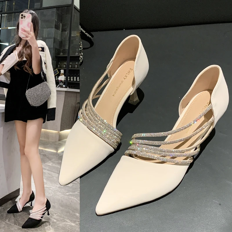 High Heeled Shoes for Women, Niche Temperament, Socialites, Single Shoes, Rhinestones, Pointed Toe, Slim Heels, Single Shoes 912