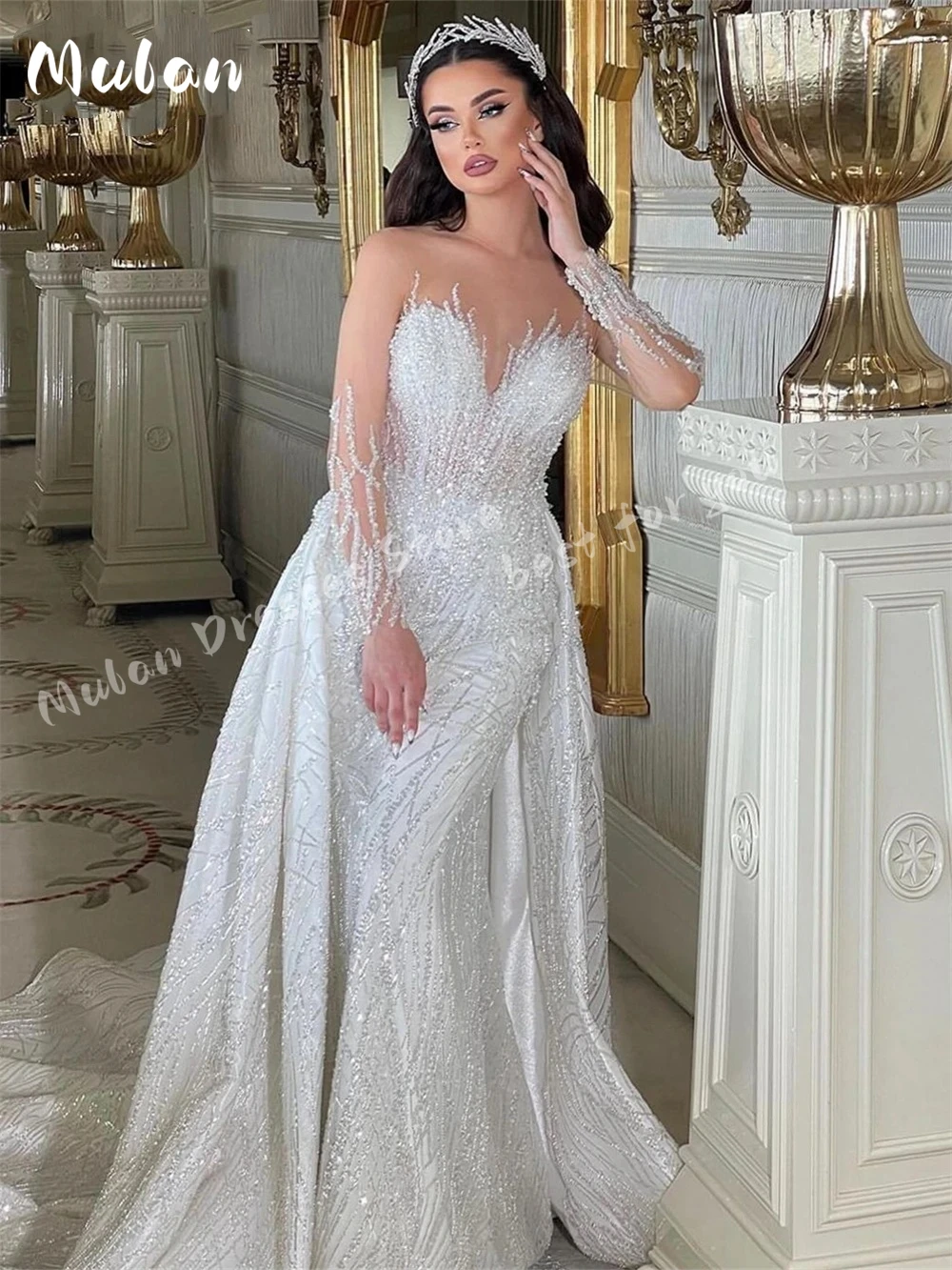 Sheer Neck Beading Bride Dresses 2 in 1 Embroidery Wedding Dress With Illusion Long Sleeve Detachable Train Custom Bridal Gown