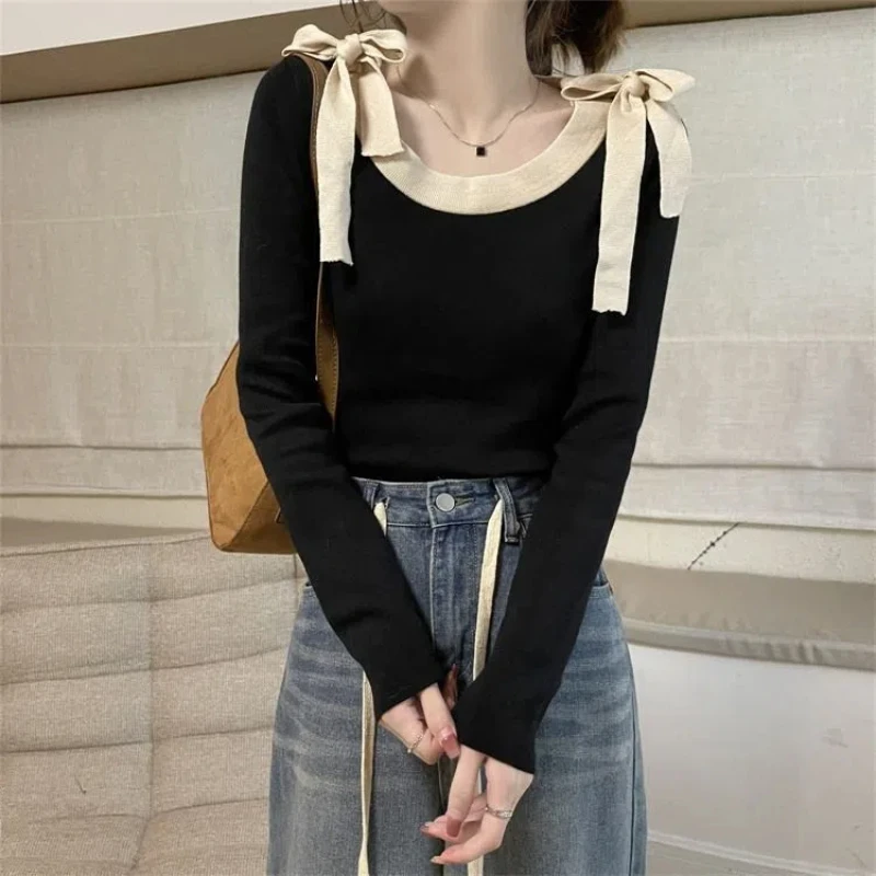 Bow Lacing Long Sleeve T Shirts Women Clothing Spring Autumn New Long Sleeve Slim Contrast All-match Korean Tops Fashion Sweet