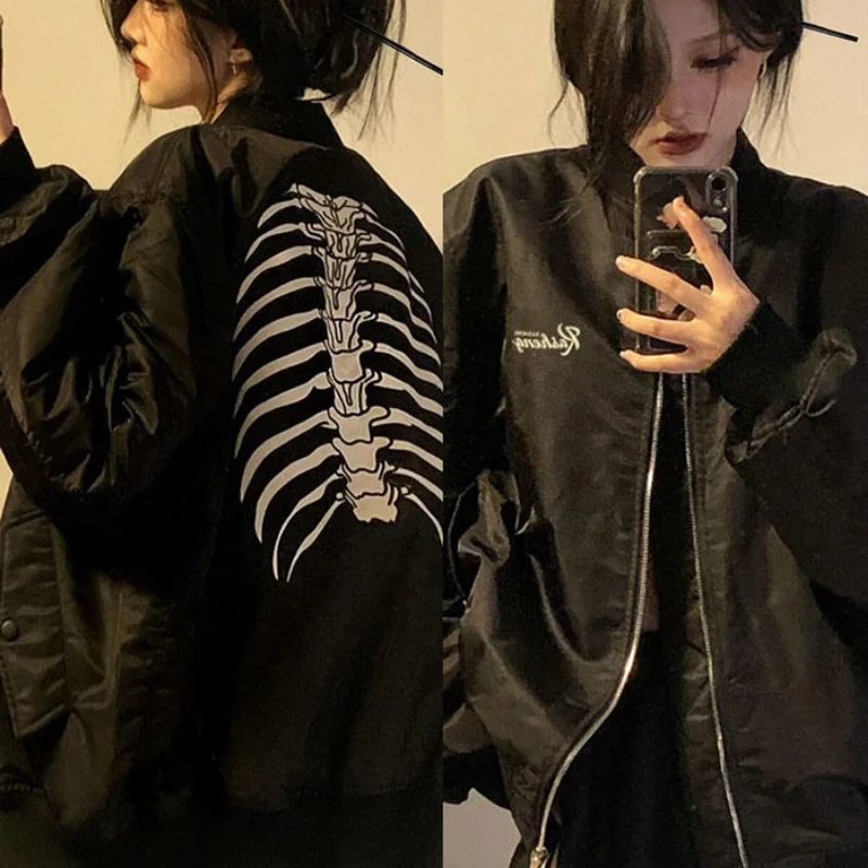 Imagem -03 - Qweek Jaquetas Vintage Jaqueta Bomber Mulheres Preto Gothic Harajuku Grunge Jaqueta de Beisebol Americana Casal Outono Legal Outerwear Novo