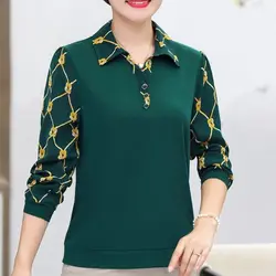 Polo-Neck Solid Color Pullover T-Shirt Fashion Spring Summer Women's Clothing Printing Patchwork Long Sleeve Loose-fitting Tops