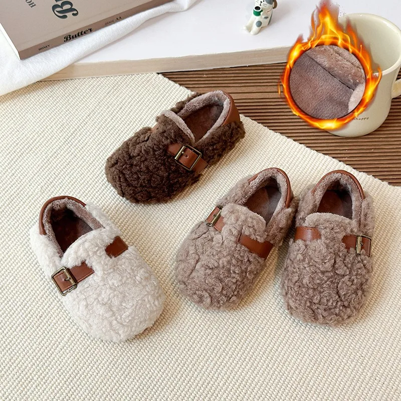 

2025 New Children Winter Loafers Fleece Leisure Slip-on Kids Flat Shoes Warm Round Toe Fashion Three Colors Girl's Shoes