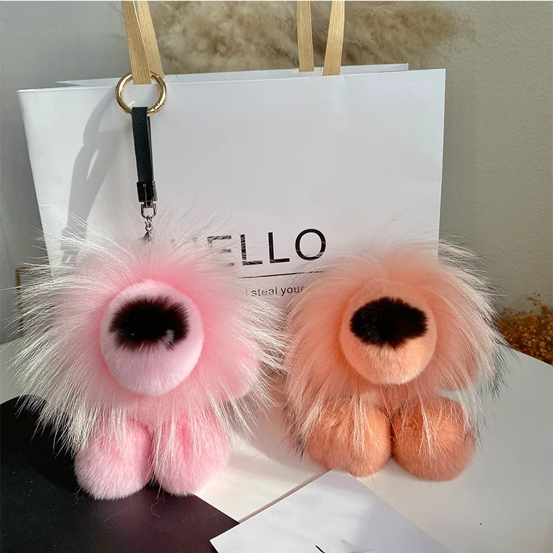 Women Bag Pendant Real Rex Rabbit Fur Keychain Cute Plush Lion Toy Highend Car Key Charm Metal Ring Ornaments Kids Birthday Gift