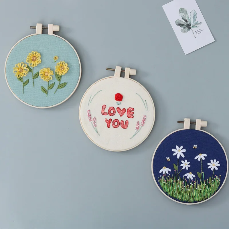 DIY Flowers Plants Pattern Embroidery Set Needlework Tools Printed Beginner Embroidery Round Cross Stitch Kit Sewing Craft Kit