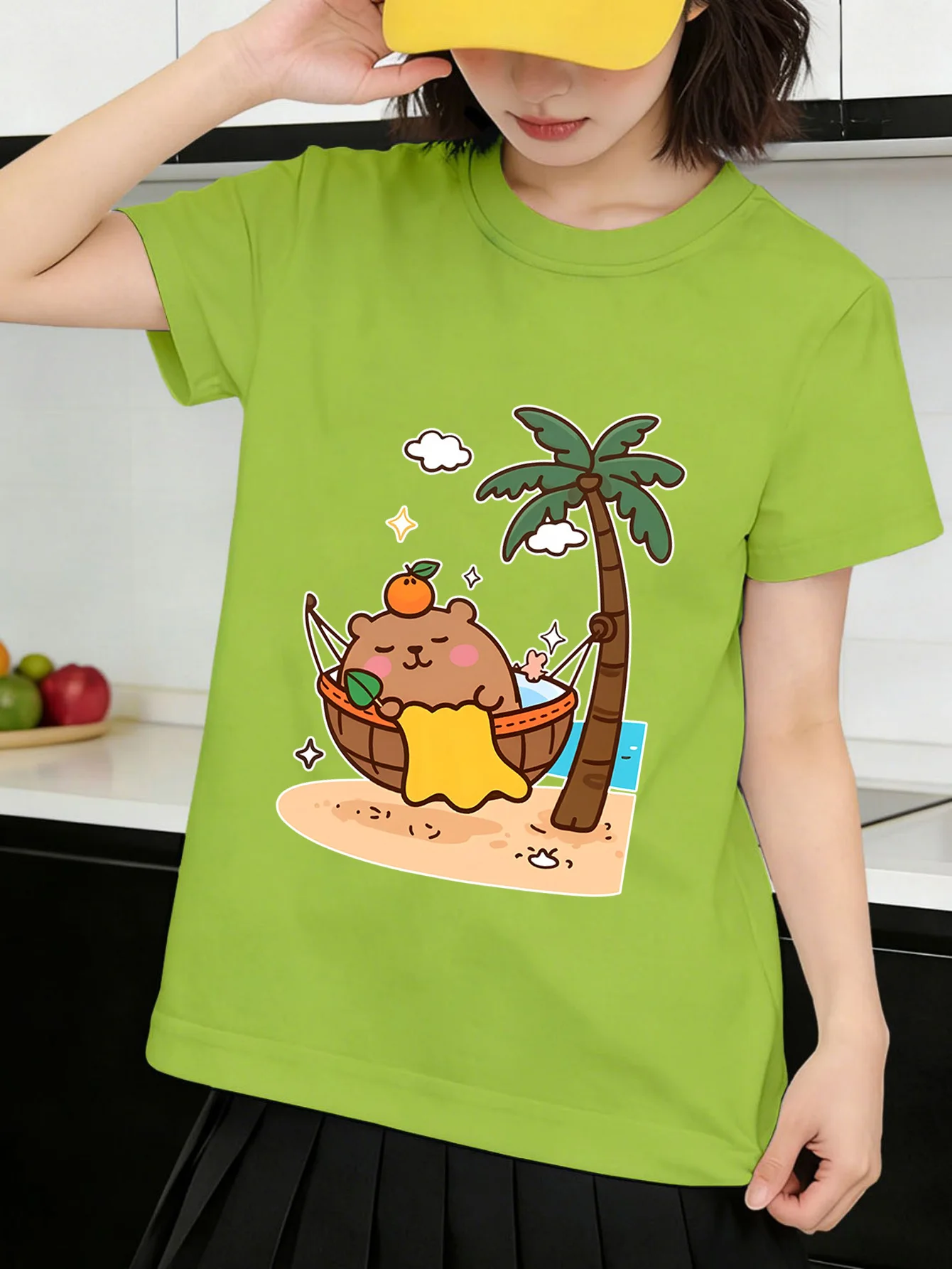 Cute Beach Capybara Coconut Tree Print Graphic Kids Tee Boys Girls Family Matching Cotton Crew Neck Short Sleeve Soft Summer Tee