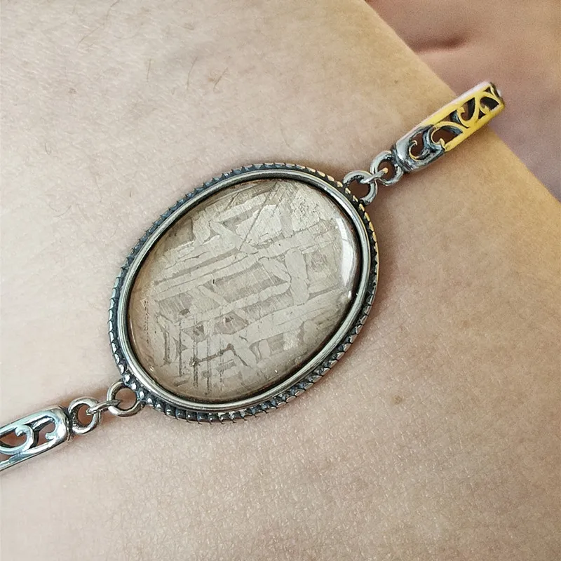 Iron Meteorite Inlay Bracelet Muonionalusta Sky Iron Meteorite Natural Meteorite Material Jewelry 925 Sterling Silver Case