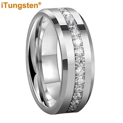 iTungsten 8mm Cubic Zirconia Stone All Around Ring Tungsten Fashion Engagement Wedding Band for Men Women Polish Shiny