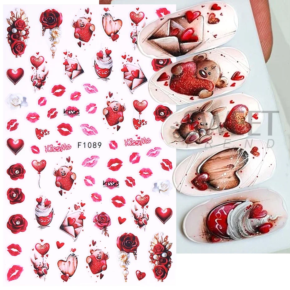 3D Cartoon Valentines Nagel Aufkleber Rot Liebe Herz Nette Katze Bär Panda Sexy Frauen Lippen Brief DIY Romantische Maniküre Dekoration