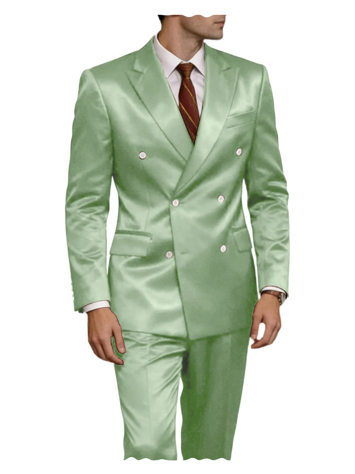 Traje de lujo para hombre de satén brillante de 2 piezas con solapa de pico, chaqueta cruzada y pantalón, elegante, ajustado, formal, para boda o fiesta
