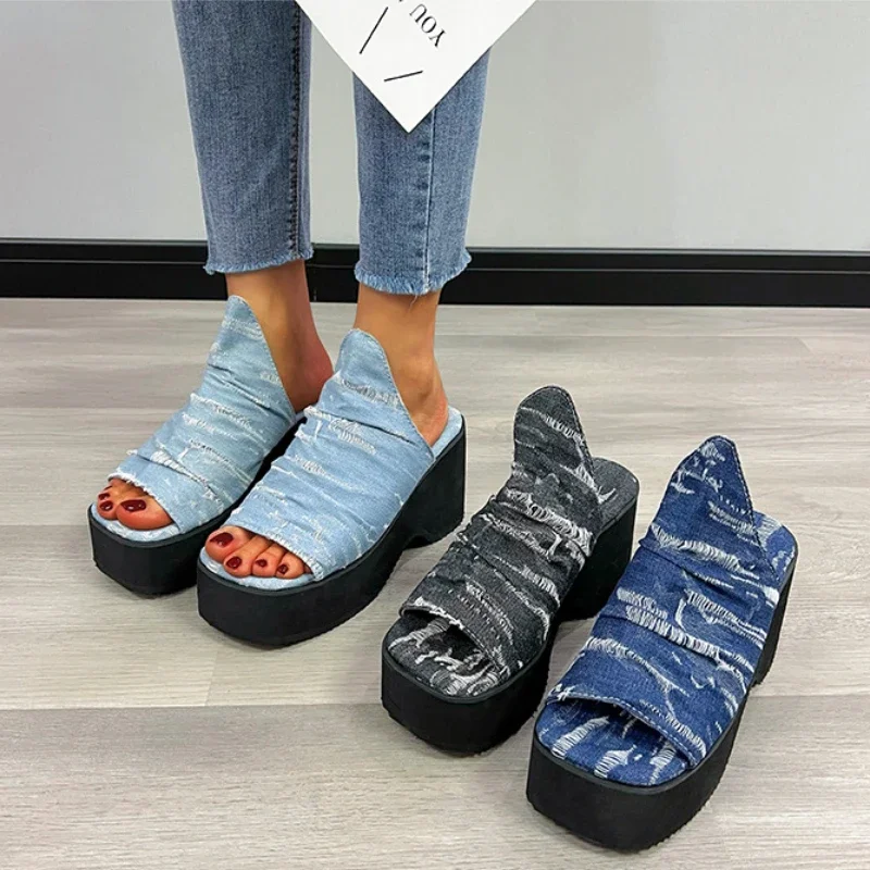 ผู้หญิงแฟชั่น DENIM Blue Wedges รองเท้าแตะฤดูร้อน Chunky Platform รองเท้าส้นสูงรองเท้าแตะผู้หญิงหนา Soled รองเท้าชายหาด PLUS ขนาด 43