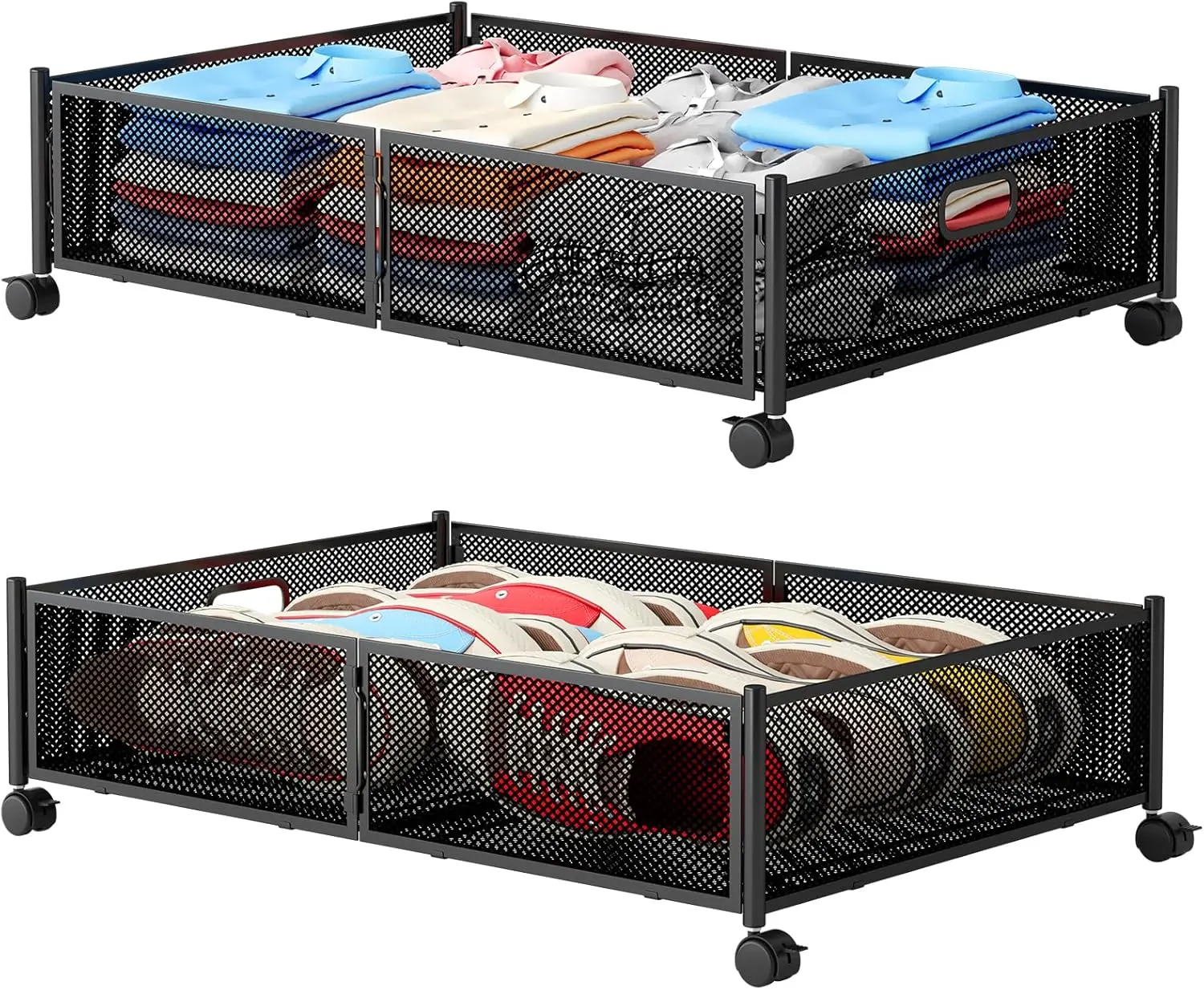 ที่เก็บของใต้เตียงมีล้อ ตะกร้าตาข่ายโลหะพับได้ ประกอบได้โดยไม่ต้องใช้เครื่องมือ แพ็ค 2 ชิ้น