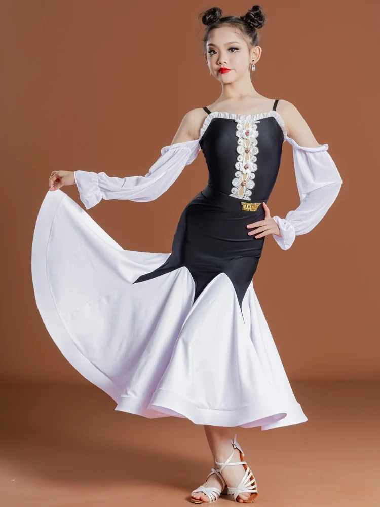 Children Fashion Ballroom Dance Dress Off-Shoulder Waltz Standard Dancing Performance Costume Girls Tango Dance Clothing DL11439